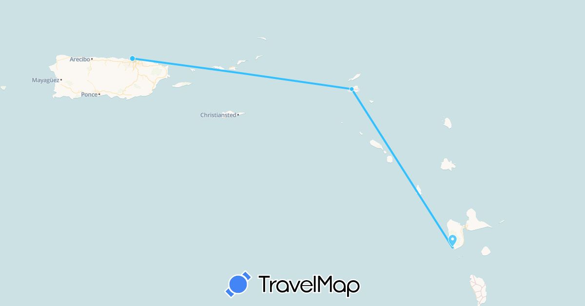 TravelMap itinerary: driving, boat in Guadeloupe, Saint Martin, Puerto Rico (North America)